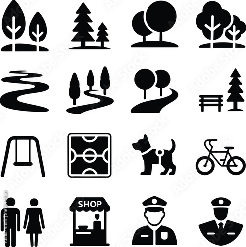 (293)Park & Recreation Icon Set – Black and White Vector Illustrations of Trees, Trails, Benches, Swings, Pets, and Public Spaces