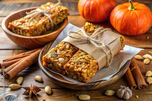 Photo of homemade pumpkin granola bars, individually wrapped in brown paper and tied with twine.