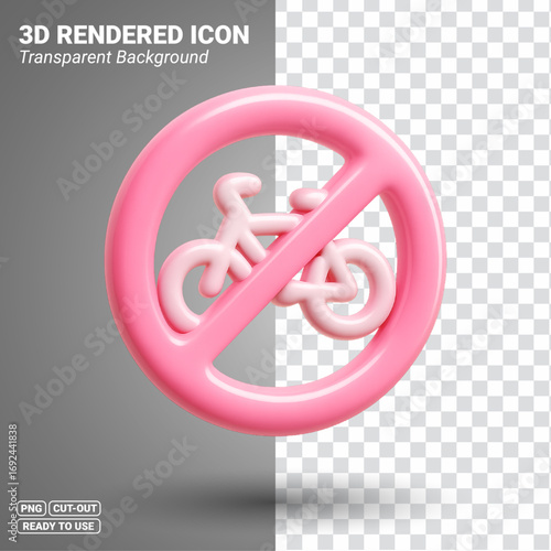 3D Rendered No Bicycles Sign / No Cycling Prohibition Icon. Transparent PNG file ready to be used.
