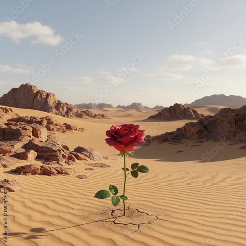 Rose in the Desert, Red Flower on Sand, using generative ai