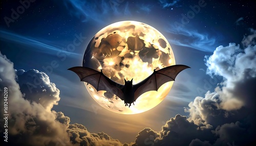 Silhouette of a bat in front of a full moon at night