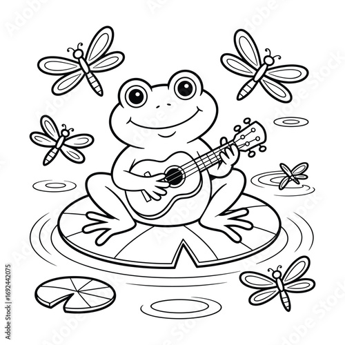 A happy frog plays a ukulele on a lily pad surrounded by dragonflies and water ripples vector