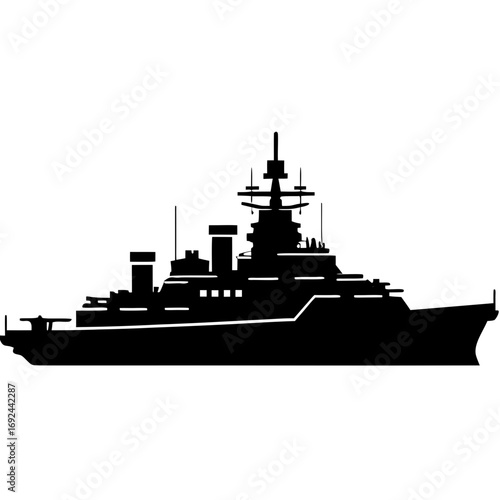 Silhouette of a large warship with multiple decks and superstructure