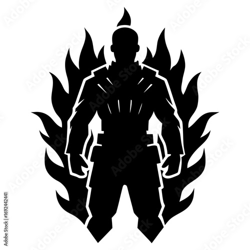 Silhouette of a warrior surrounded by flames