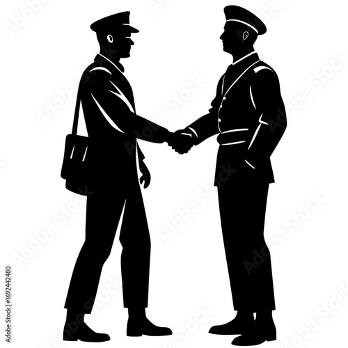 Two uniformed men in silhouette shaking hands