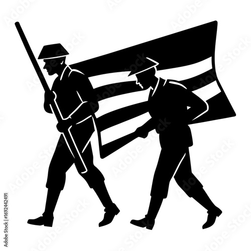 Two soldiers marching with a large flag