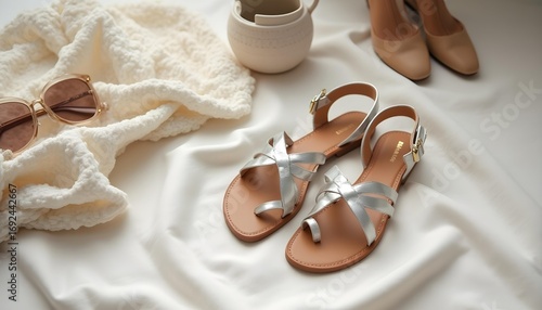 Stylish metallic sandals and elegant clothing laid out for a fashion shoot