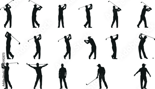 Silhouettes of male golfers in multiple swing positions and stances, ideal for sports vector design and golf-themed creative projects.