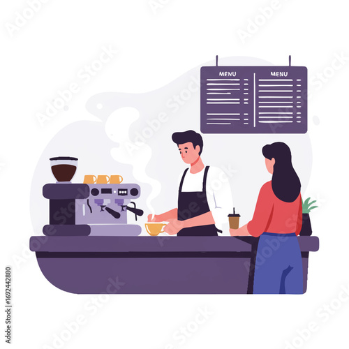 This clean flat 2D vector illustration features a barista carefully preparing a steaming latte at an espresso machine, with a patient customer awaiting their order at the counter.