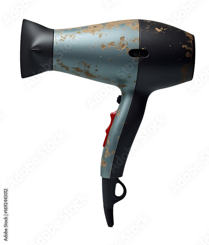Old rusty hair dryer appliance, looking damaged and worn, reflects sense of neglect