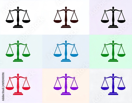 Nine scales of justice in various colors