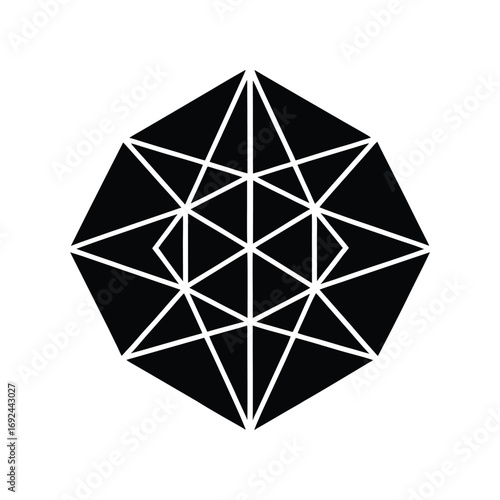 Abstract geometric polygonal shape in black, featuring intricate symmetrical lines forming a complex star-like or crystalline structure, ideal for modern design applications and branding