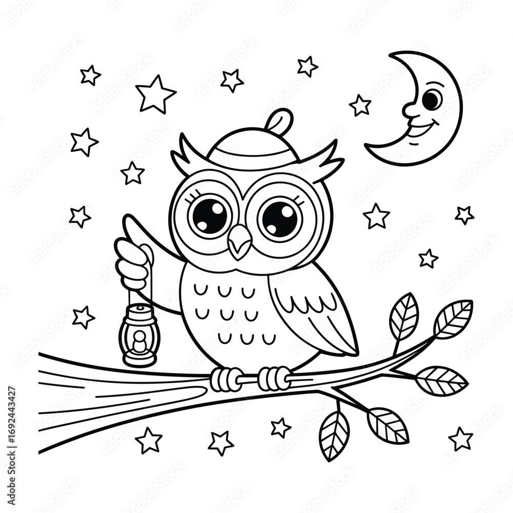 Fototapeta premium Black and white line art illustration of a cute owl holding a lantern on a branch with stars and a crescent moon