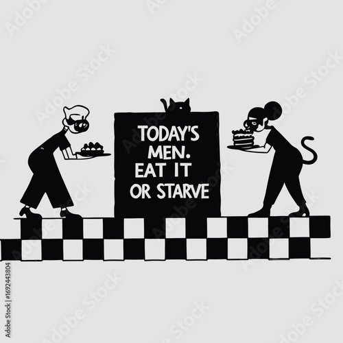 Whimsical retro diner scene with chef and mouse serving cake and funny sign