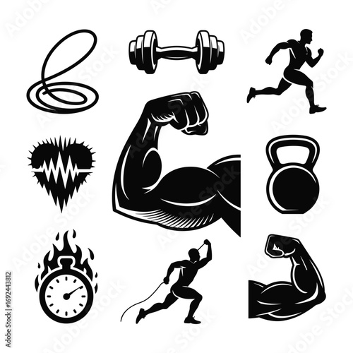 Black fitness icons including dumbbells kettlebell running figures flexing arms stopwatch and jump rope