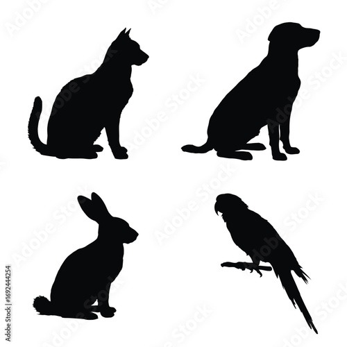 Minimalist silhouettes of cat dog rabbit and parrot for design projects silhouette vector illustration white background