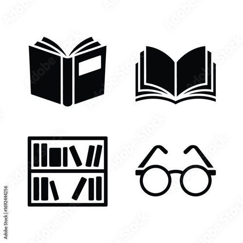 Simple black silhouettes of bookshelf open books and reading glasses minimalist graphics silhouette vector illustration white background