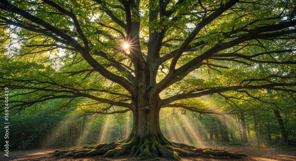 Obraz premium Majestic Sunlight Piercing Ancient Forest Canopy