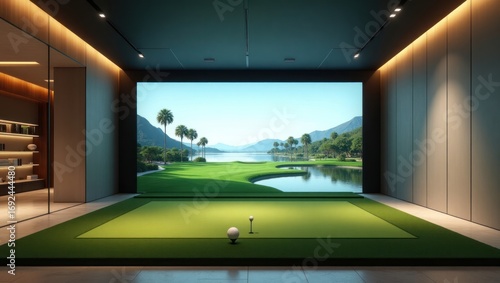 Luxurious indoor golf simulator room with a stunning projected landscape.
