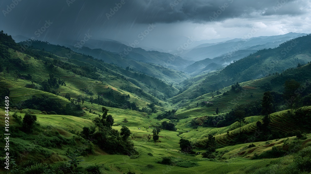 Fototapeta premium Stunning landscape of terraced green rice paddies in the mountains. Dramatic, dark storm clouds gather overhead in this moody, atmospheric, photorealistic scene.