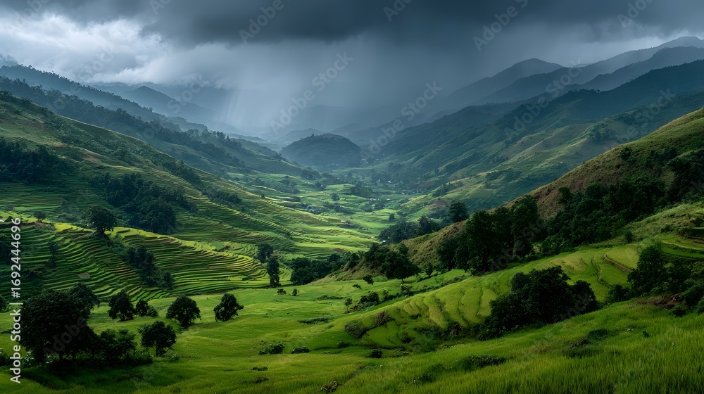 Obraz premium Stunning landscape of terraced green rice paddies in the mountains. Dramatic, dark storm clouds gather overhead in this moody, atmospheric, photorealistic scene.