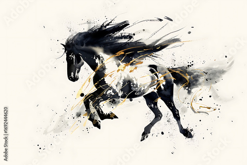 墨絵調で表現された黒と金の馬の力強いアート作品
