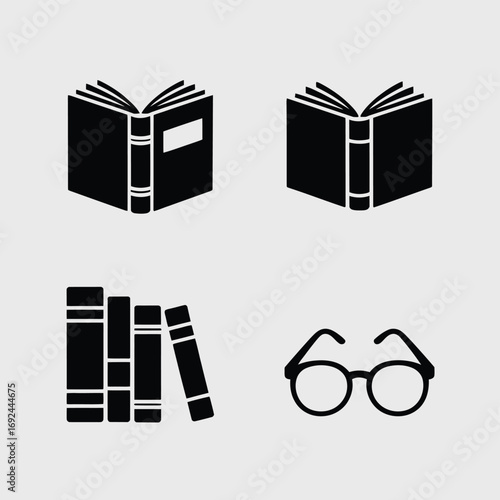 Minimalist black silhouettes of open books stacked books and reading glasses silhouette vector illustration white background