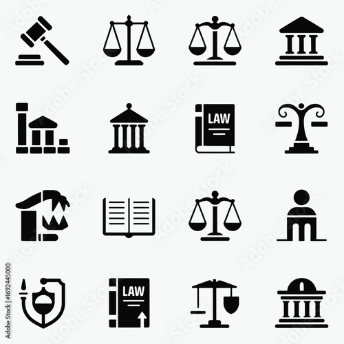 Bundle of 12 legal and law icons representing justice and judiciary concepts silhouette vector illustration white background