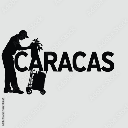 Silhouette of person with shopping cart in a vibrant bustling caracas street scene