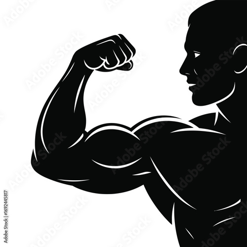 Silhouette of a muscular man flexing biceps showing strength and fitness workout silhouette vector illustration white background
