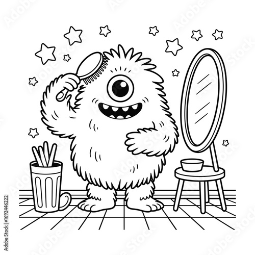 Fluffy one eyed monster brushing hair in front of mirror with stars vector