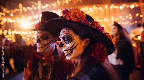 Couple dressed in Halloween costumes, captured in joyful moment as they take selfie on spooky night. 