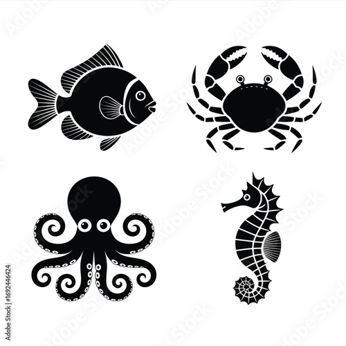 Minimalist black sea creatures silhouettes including fish crab octopus and seahorse silhouette vector illustration white background