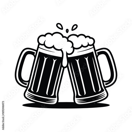 Two beer mugs clinking together celebrating with foamy tops and splashes silhouette vector illustration white background