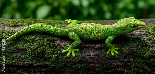 Gecko emoji icon crawling on mossy log with vivid green skin detail