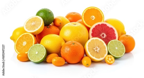 Vibrant Citrus Medley: Freshly Sliced & Whole Oranges, Lemons, Limes, Grapefruit, Kumquats on White