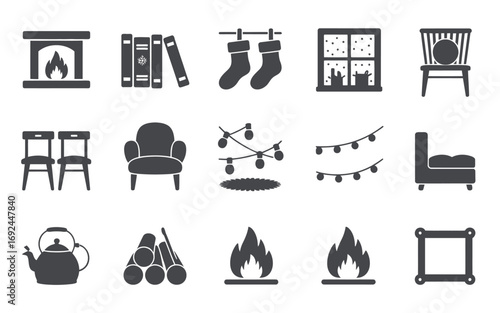 Cozy home icons collection fireplace books christmas stockings window chair and more silhouette vector illustration white background