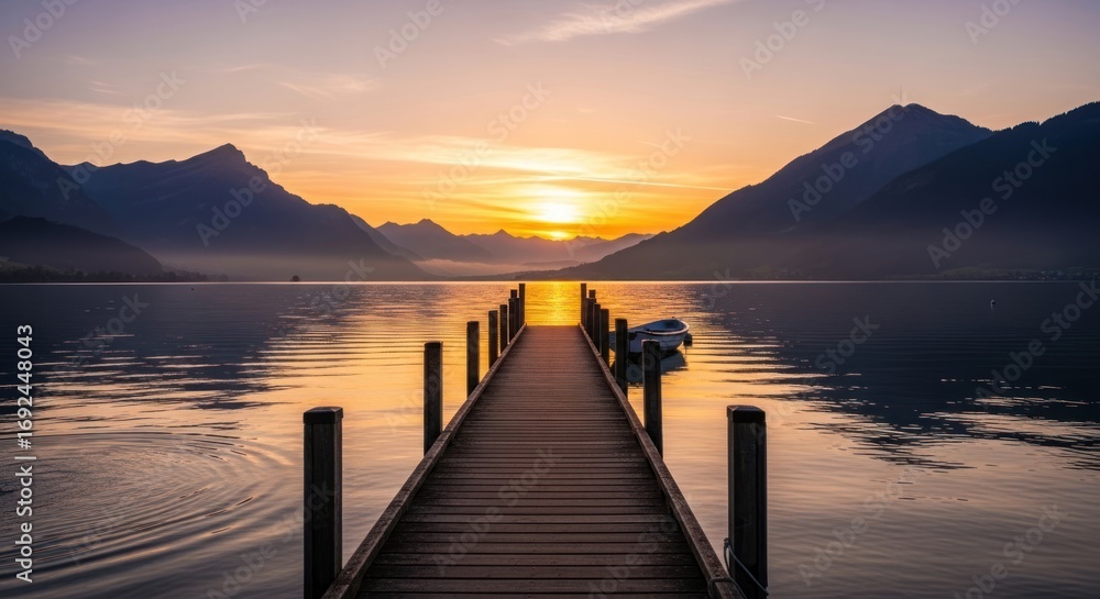 Fototapeta premium Serene Alpine Glow: Wooden Pier Leading to a Mountain Sunset