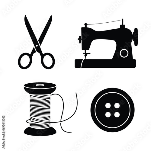 Minimalist sewing icons black silhouettes scissors sewing machine thread spool button silhouette vector illustration white background