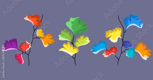 Abstract vector set of colorful leaves on a branch.