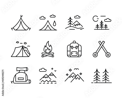 Collection of hand drawn outdoor adventure and camping icons for creative projects silhouette vector illustration white background