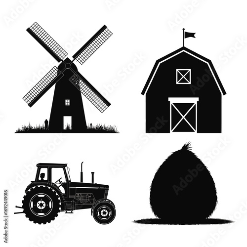 Silhouette collection of farm elements including windmill barn tractor and haystack silhouette vector illustration white background