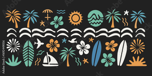 Vibrant tropical beach vacation pattern with palm trees surfboards flowers sun and ocean waves