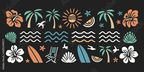 Tropical beach vacation elements including palm trees hibiscus flowers sun waves surfboards and beach chair