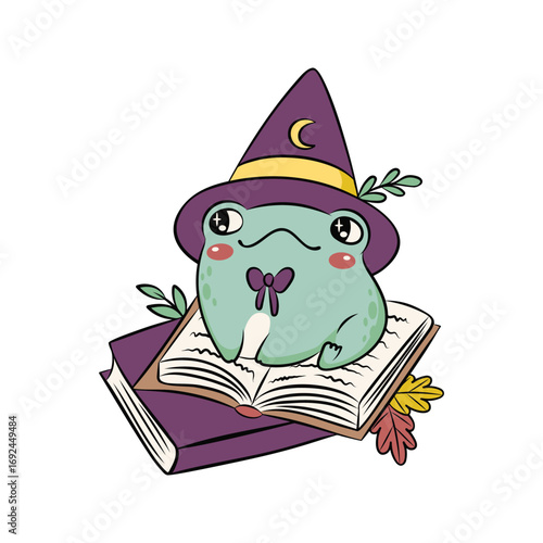 Cute Witch Frog Sitting on Magic Books.