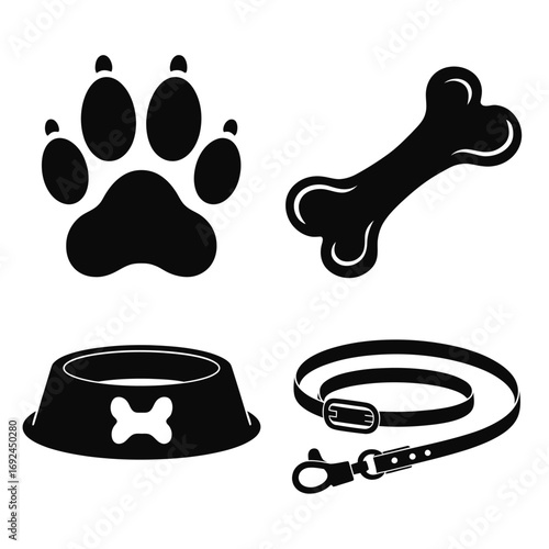 Collection of dog paw print bone food bowl and leash silhouettes for pet themed designs silhouette vector illustration white background