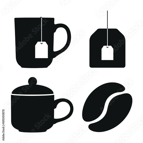 Minimalist black silhouettes of coffee bean tea cup and tea bag icons simple and clean silhouette vector illustration white background