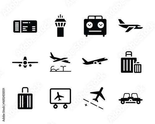 Set of 12 airport and aviation icons for travel and transportation design needs silhouette vector illustration white background