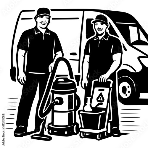 Professional cleaning service team ready to work with van background