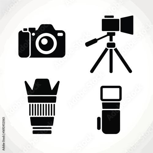 Photography icon set capturing camera lens tripod and flash for creative visuals silhouette vector illustration white background